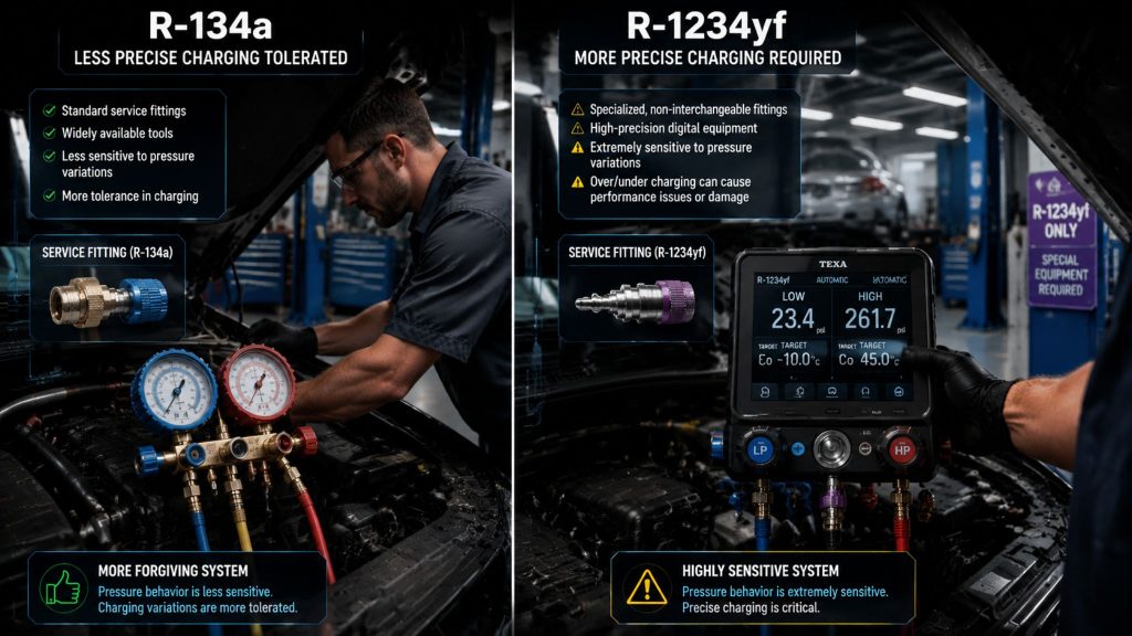 Comparison of R-134a and R-1234yf refrigerants highlighting different service requirements and pressure sensitivities