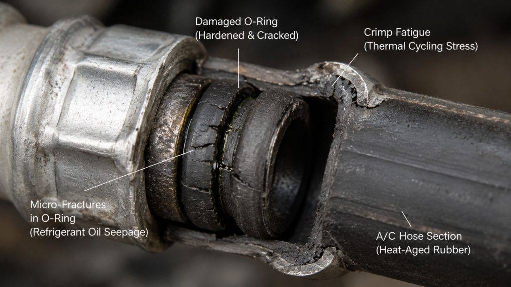 Heat-damaged Ram truck A/C suction line showing cracked O-rings, crimp fatigue, and refrigerant oil seepage near the turbocharger