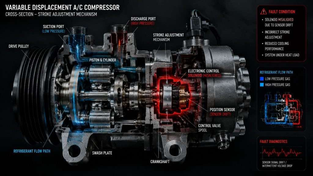 Cross-section diagram of a variable displacement A/C compressor with stroke adjustment mechanism