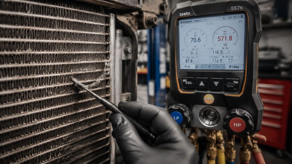 Testo manometer used to measure refrigerant pressure and diagnose A/C system issues