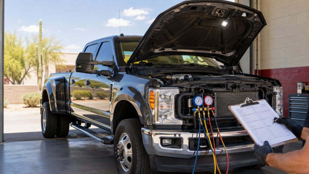 Technician inspecting diesel truck A/C performance before trade-in appraisal in Chandler.