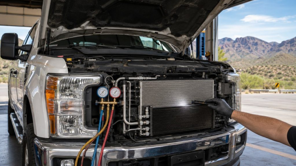 Technician performing pre-trip diesel A/C testing on a truck before the Payson drive.
