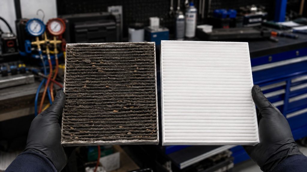 A mechanic comparing a dirty cabin air filter to a new one, with automotive A/C service tools visible in the background.