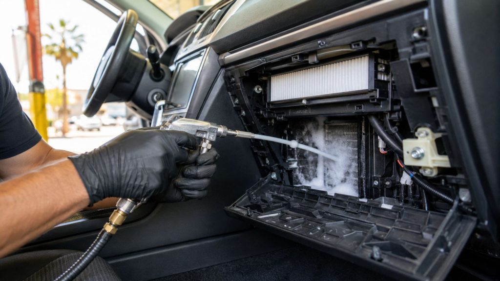 A mechanic in a Chandler auto shop performing A/C evaporator cleaning on a high-mileage vehicle.