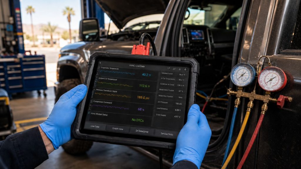 Technician comparing live HVAC sensor data with A/C pressure gauges during computerized A/C diagnostics in Chandler
