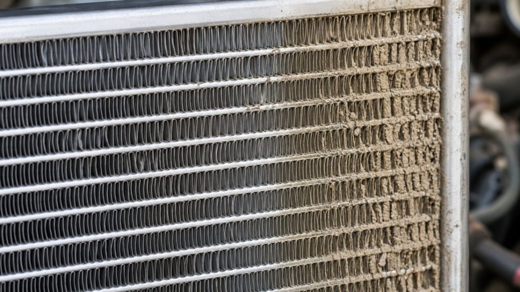 A close-up view of aluminum A/C condenser fins showing trapped desert dust affecting airflow.