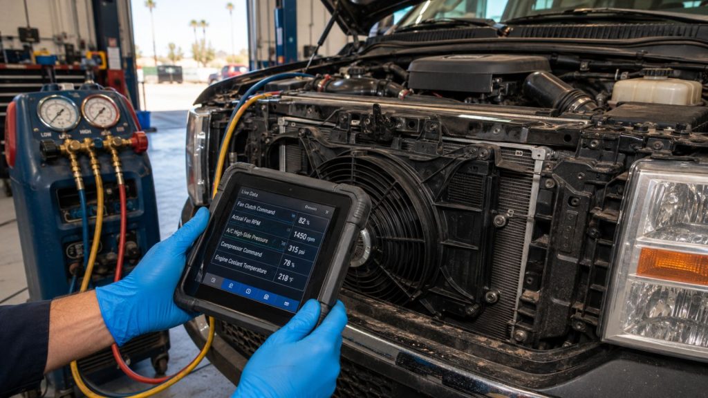 Technician testing diesel fan clutch logic and A/C high-side pressure on a truck in Chandler