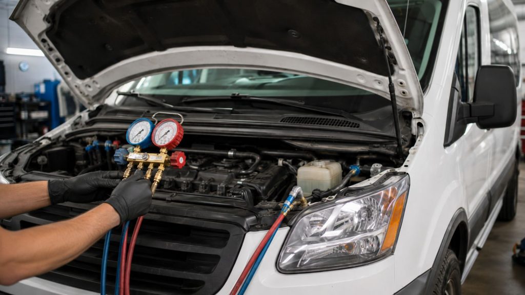 A technician conducting a comprehensive A/C system diagnostic on an airport shuttle van using a professional pressure manifold gauge set.