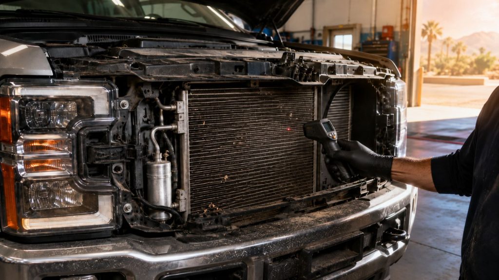 Diesel truck condenser airflow inspection for A/C performance in Loop 202 Chandler traffic