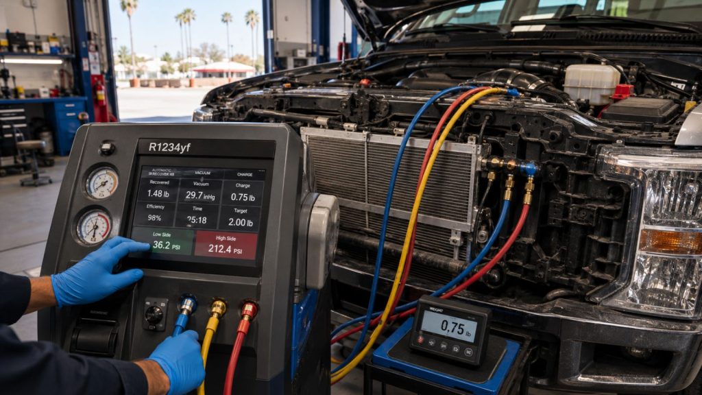 Technician using R1234yf recovery and charging equipment for diesel A/C performance testing in Chandler heat