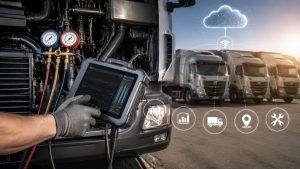 AI predictive telematics system monitoring commercial truck AC performance with diagnostic tablet