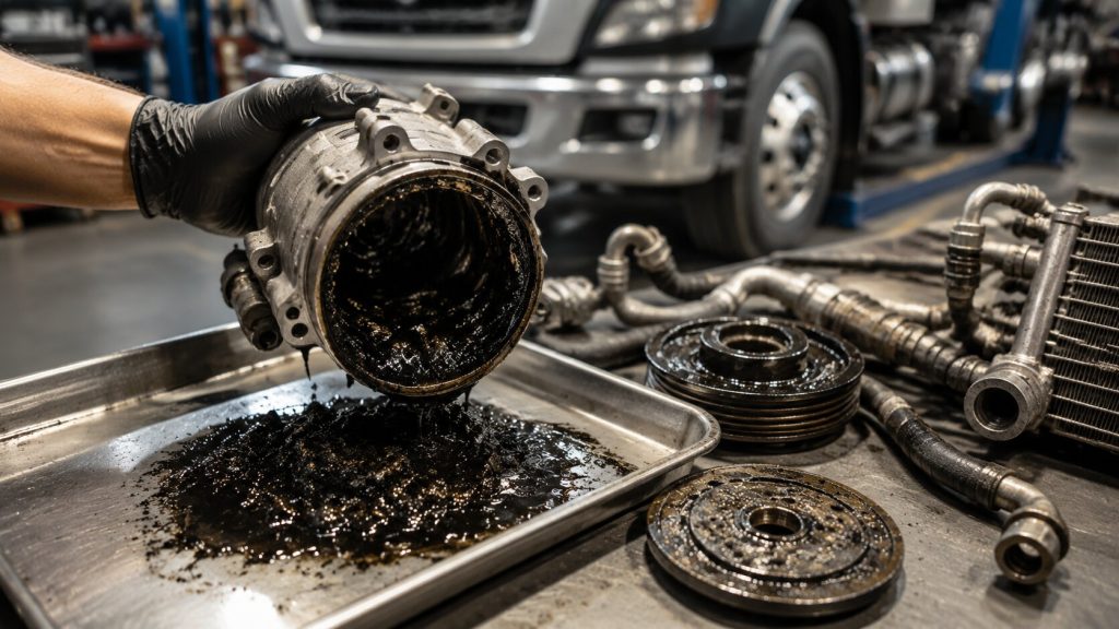 Contaminated diesel truck AC compressor showing black sludge from Black Death failure during inspection