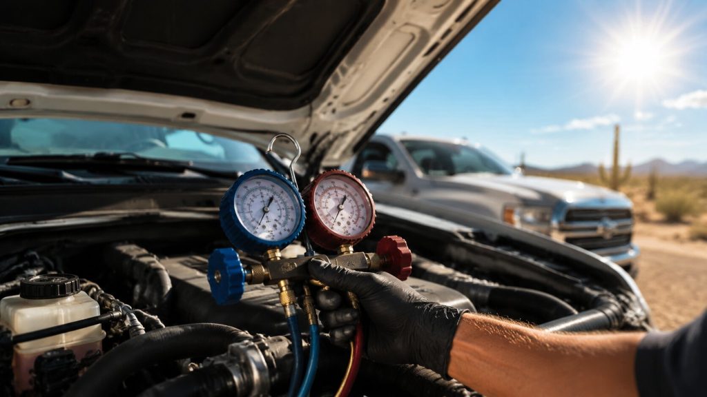 Technician performing a truck AC inspection in Chandler before summer heat using AC pressure gauges