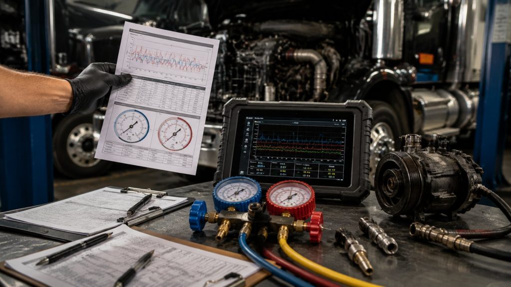 Technician documenting truck AC warranty claim with digital diagnostic reports and pressure testing equipment