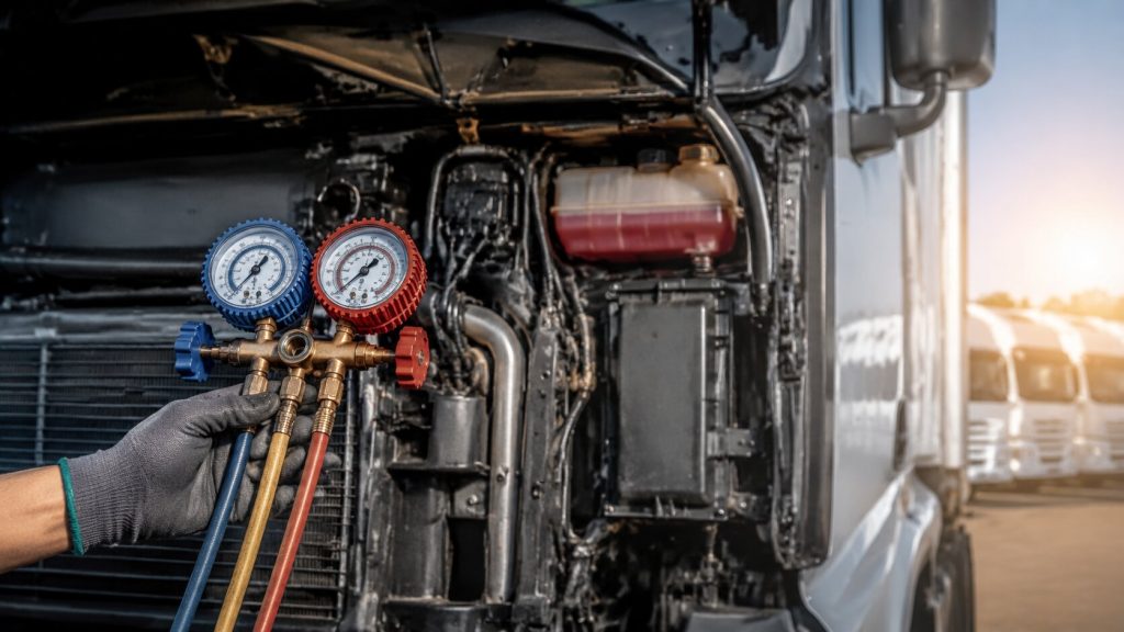 Commercial truck fleet AC maintenance inspection with refrigerant pressure gauge testing