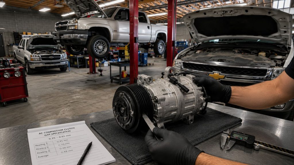 Technician measuring AC compressor clutch air gap with a feeler gauge during bench inspection at a diesel truck repair shop in Chandler.