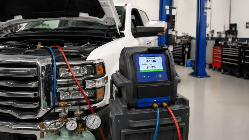Technician using a refrigerant identifier to verify refrigerant purity before recovering a truck AC system in Chandler.