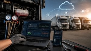 Connected vehicle data system remotely monitoring commercial truck AC diagnostics and fleet performance