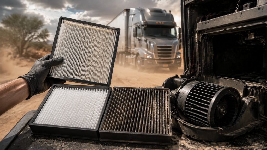 Bio-based cabin air filter protecting heavy-duty truck HVAC system from desert dust and debris