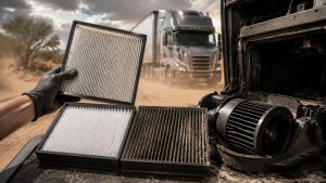 Bio-based cabin air filter protecting heavy-duty truck HVAC system from desert dust and debris