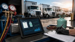 Digital refrigerant service logs and fleet AC compliance tracking for commercial trucks
