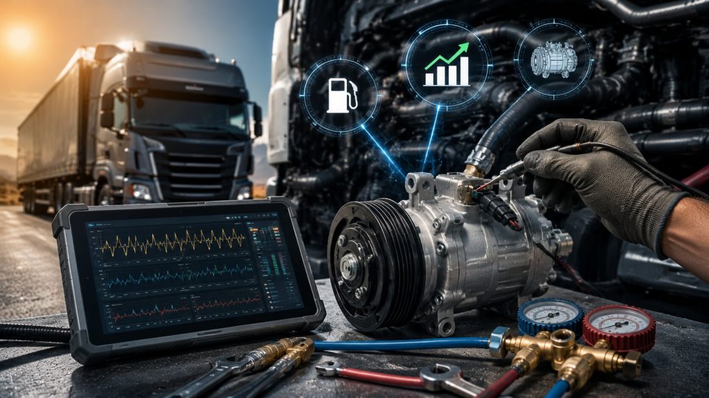 Variable displacement AC compressor PWM diagnostics on a heavy-duty diesel truck using oscilloscope testing